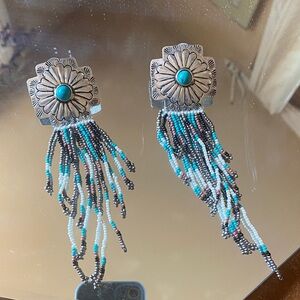 Turquoise Bead Fringe Silver-Tone Drop Earrings - Women Jewelry